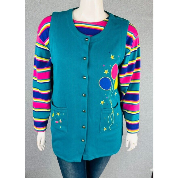 VTG Kathy White Sport Womans 1X Cardigan Shirt Music Stripes Ballon Teal Teacher - Picture 2 of 12